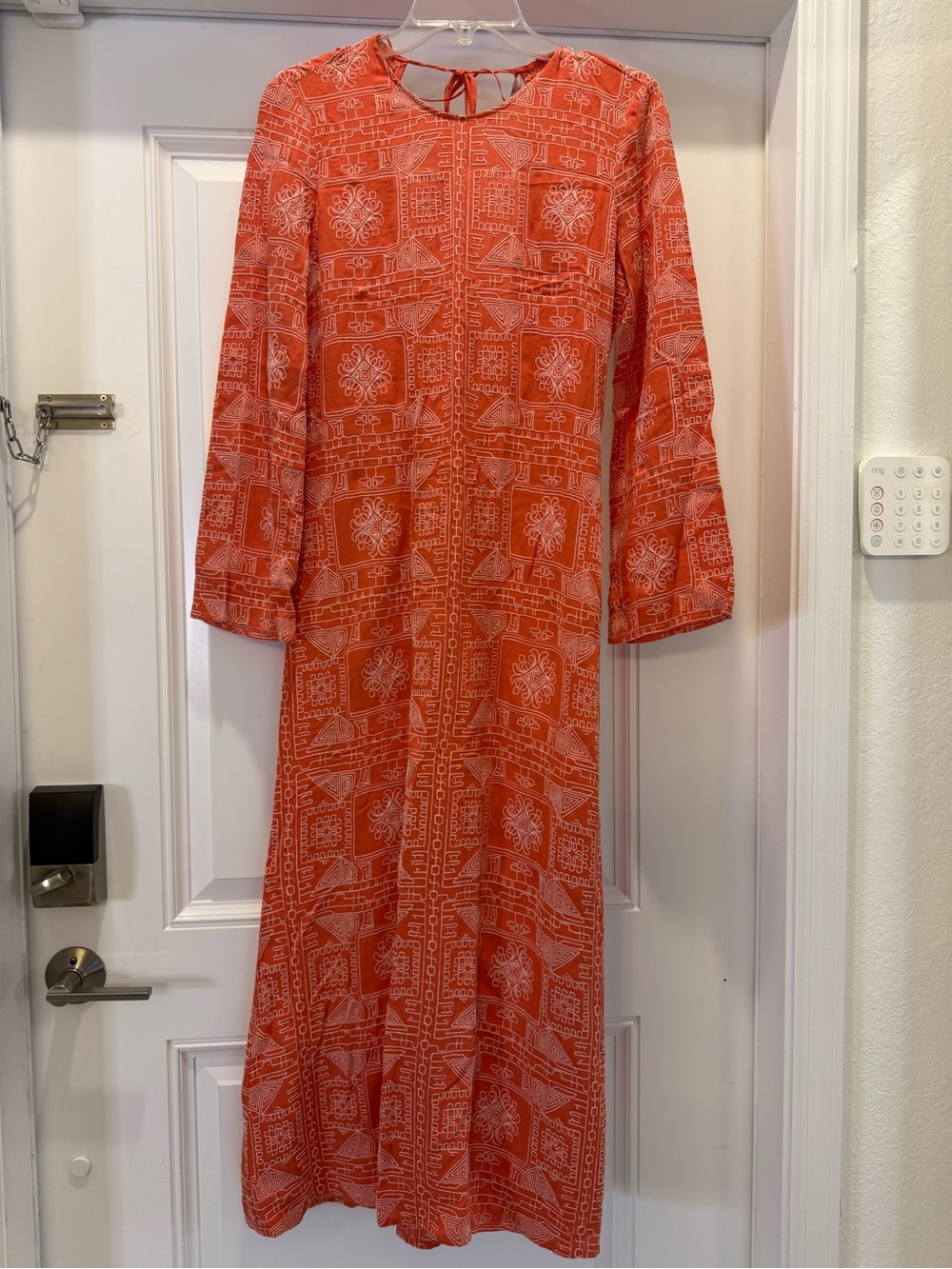 Zara Coral-Orange Printed Long Sleeve Maxi Dress